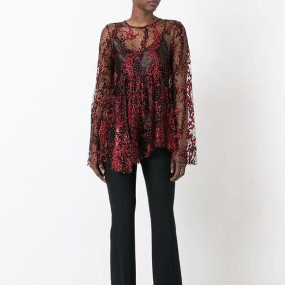 Opening Ceremony Tops - OPENING CEREMONY Long-sleeve Enamel Glitter Sheer Top, Blaze Red - Size 2